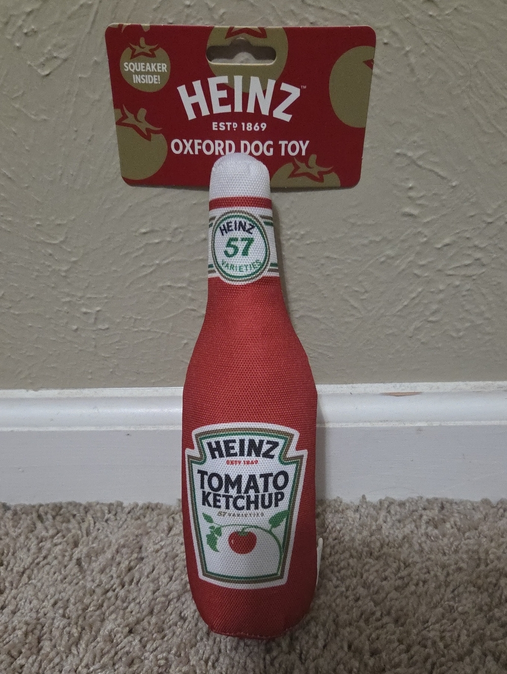 Red Tomato Ketchup Dog Toy - Squeaky Plush Bottle